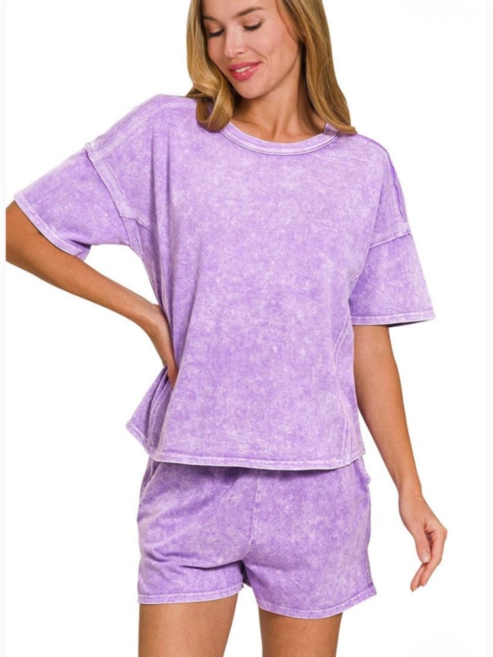 Zenana Halo Snow Washed Short‎ Sleeve Tee and Shorts Set Size LARGE
